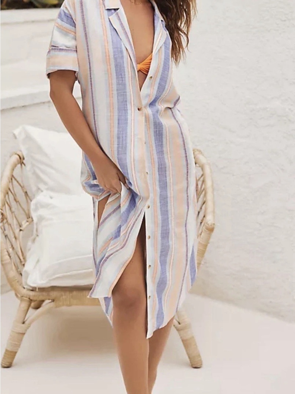 Anthropologie Striped Button-Front Cover-Up in Light Blue, Peach & Lavender
